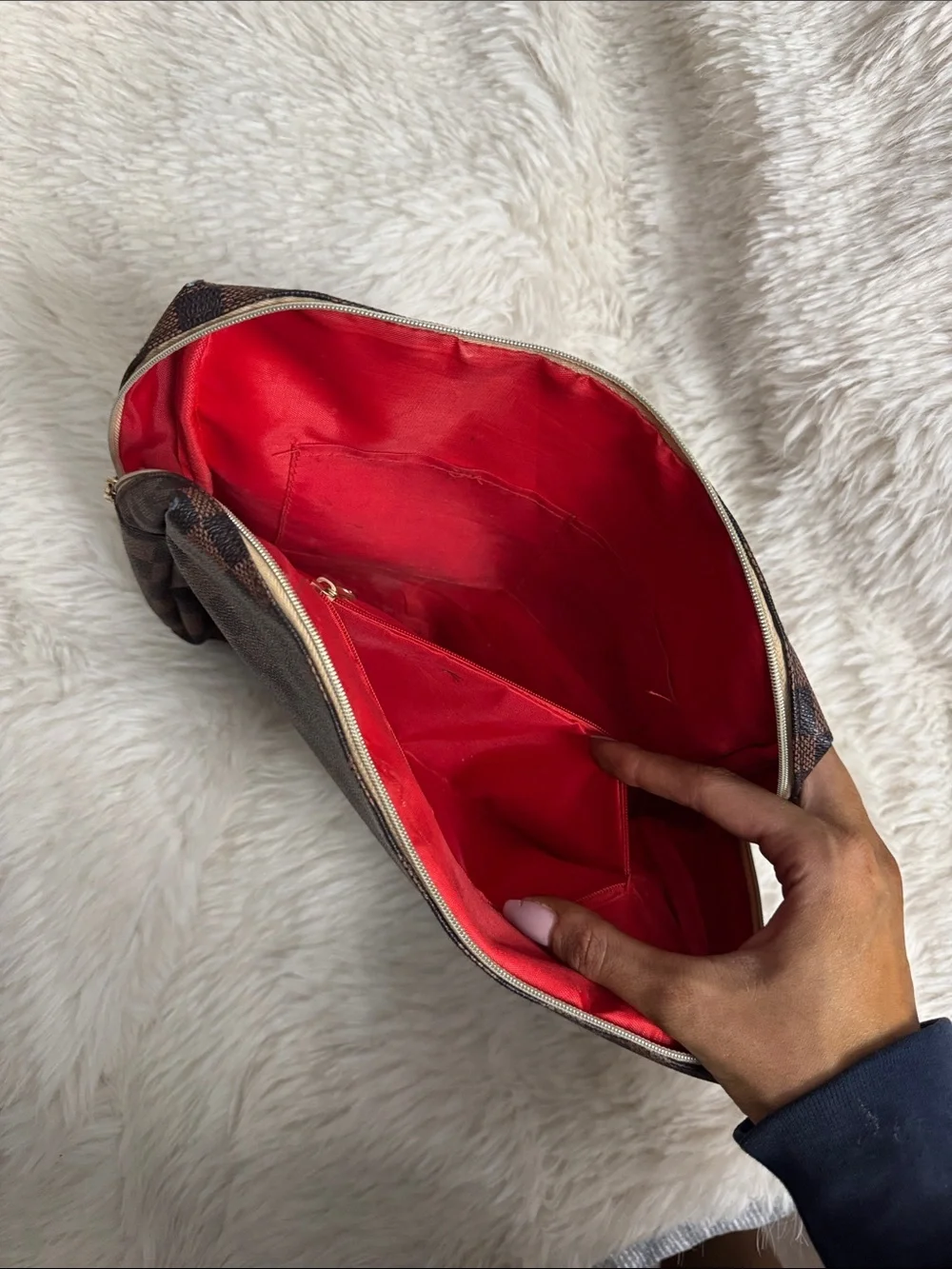 Brown Checkered Travel Pouch with Red Interior